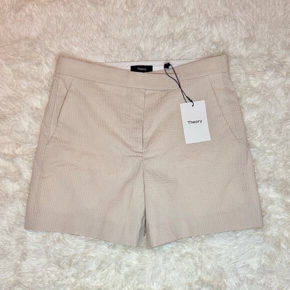 NWT Theory Seer Suit Shorts in Sand - Size 4 - Waist Tab Seersucker - Picture 2 of 9